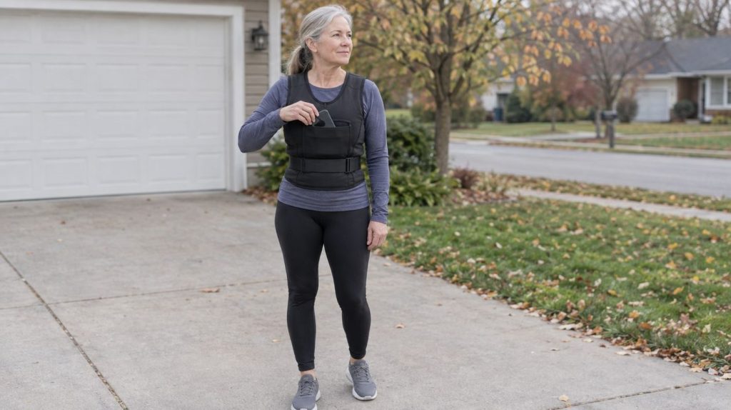 A woman in her sixties at the end of her driveway, wearing a slim weighted vest over a long-sleeved top, ready to set off on a walk