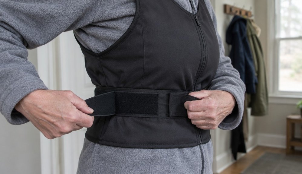 Close view of an older woman's hands pulling the waist strap of a weighted vest snug over a fleece
