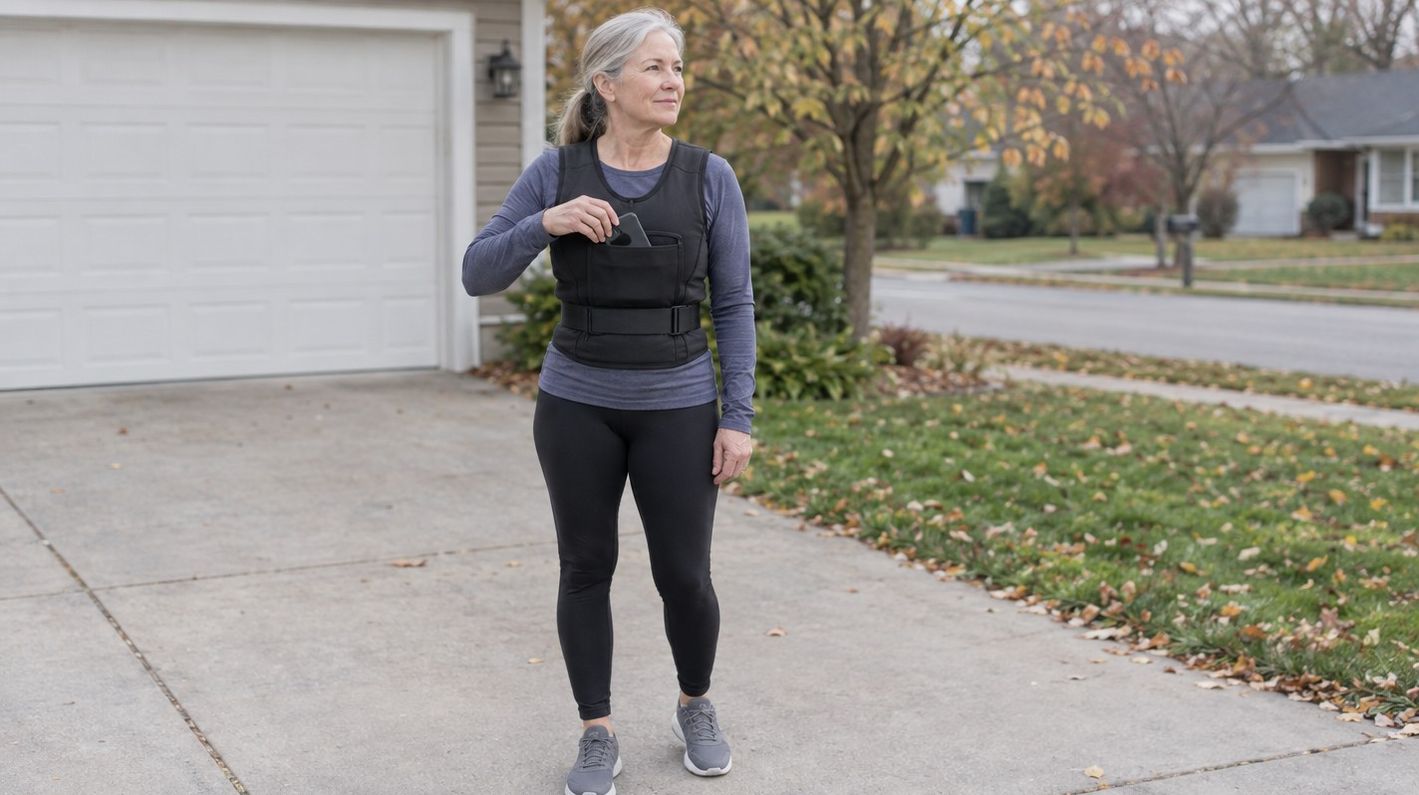 A woman in her sixties at the end of her driveway, wearing a slim weighted vest over a long-sleeved top, ready to set off on a walk
